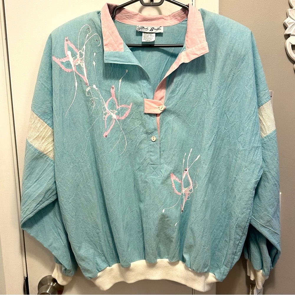 Vintage 80s Linda Bresler Hand Painted Cotton Collared Pullover Top Shirt L NWT